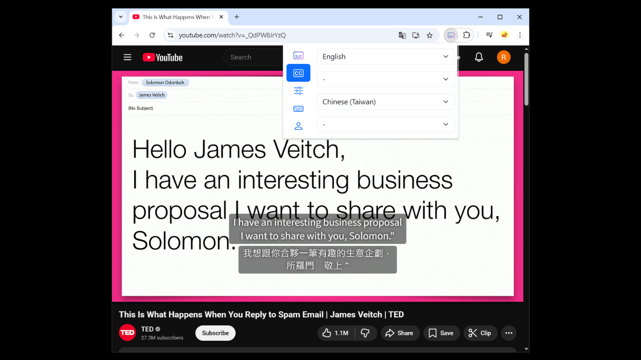 Bilingual subtitles on a YouTube video with the extension popup